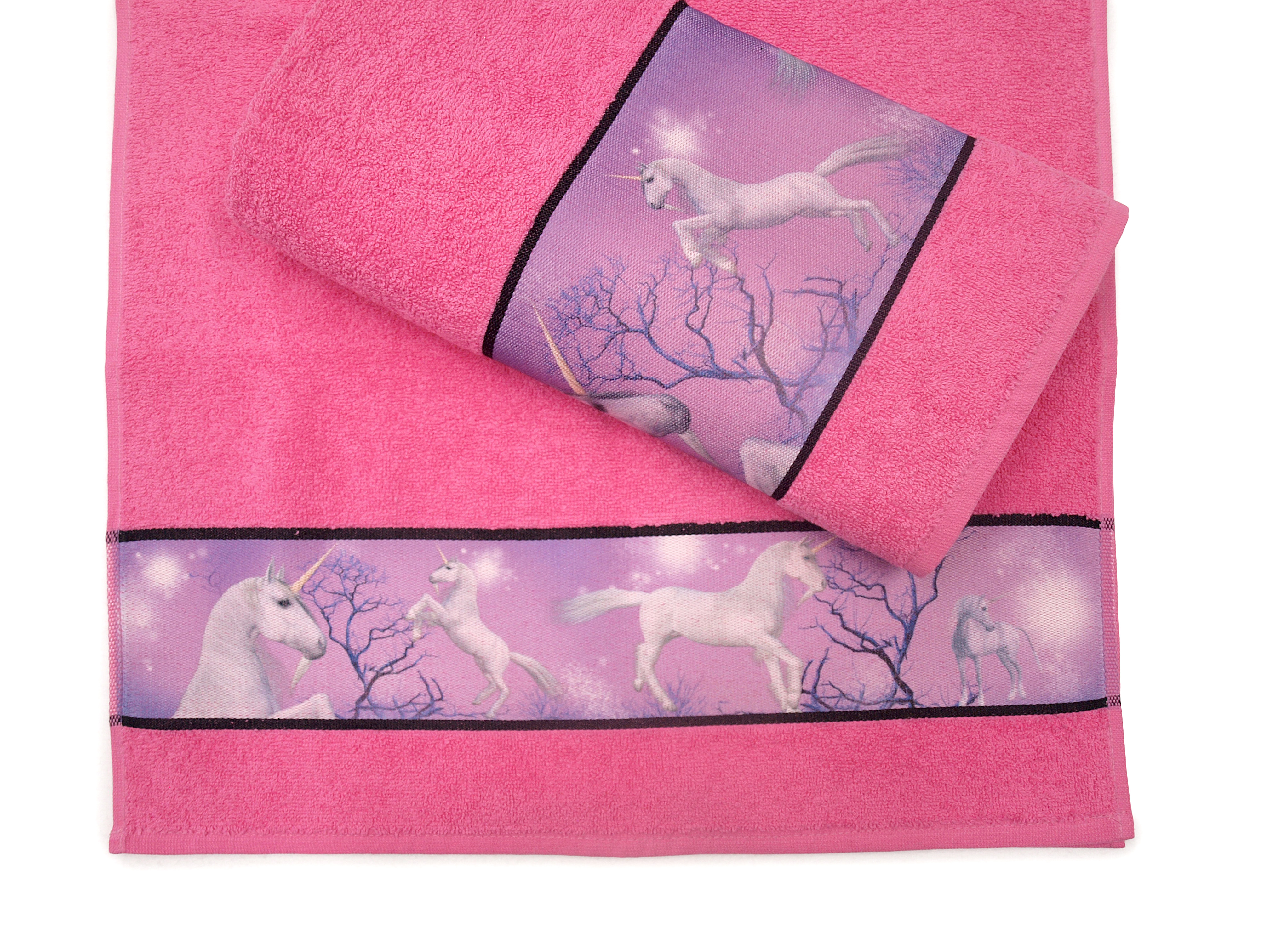 Handtuch oder Duschtuch mit Bordüre pink Einhorn